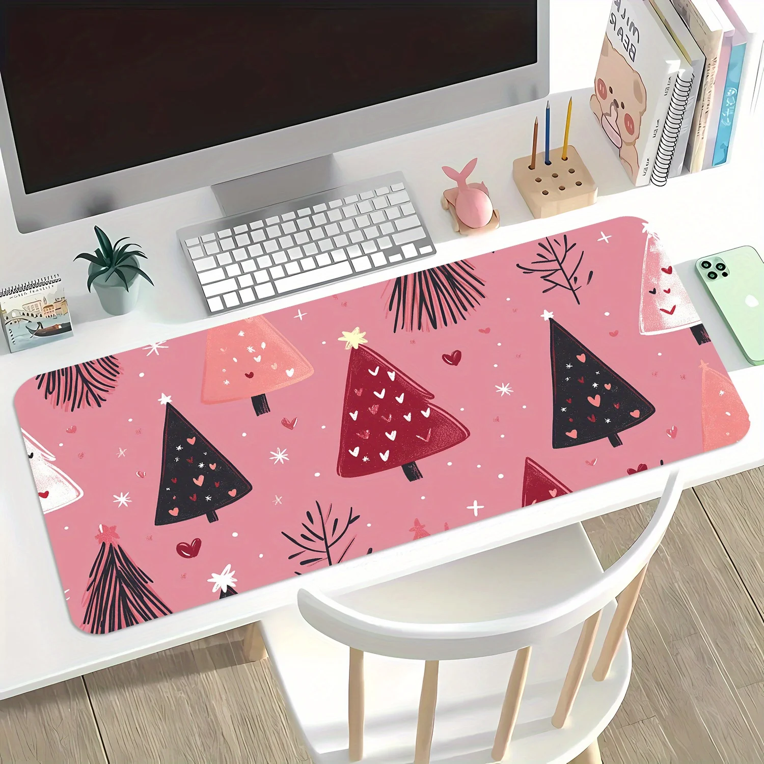 

Oversized Christmas game mousepad with an anti-slip rubber base features trees, hearts and snowflakes, suitable for offices