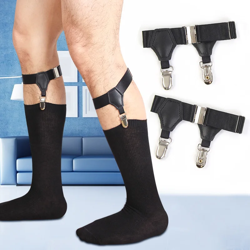 2pcs Men's Black Sock Garters Belt Adjustable Elastic Sock Suspenders Braces Holders Non-slip Duck-Mouth Clips Hold Up