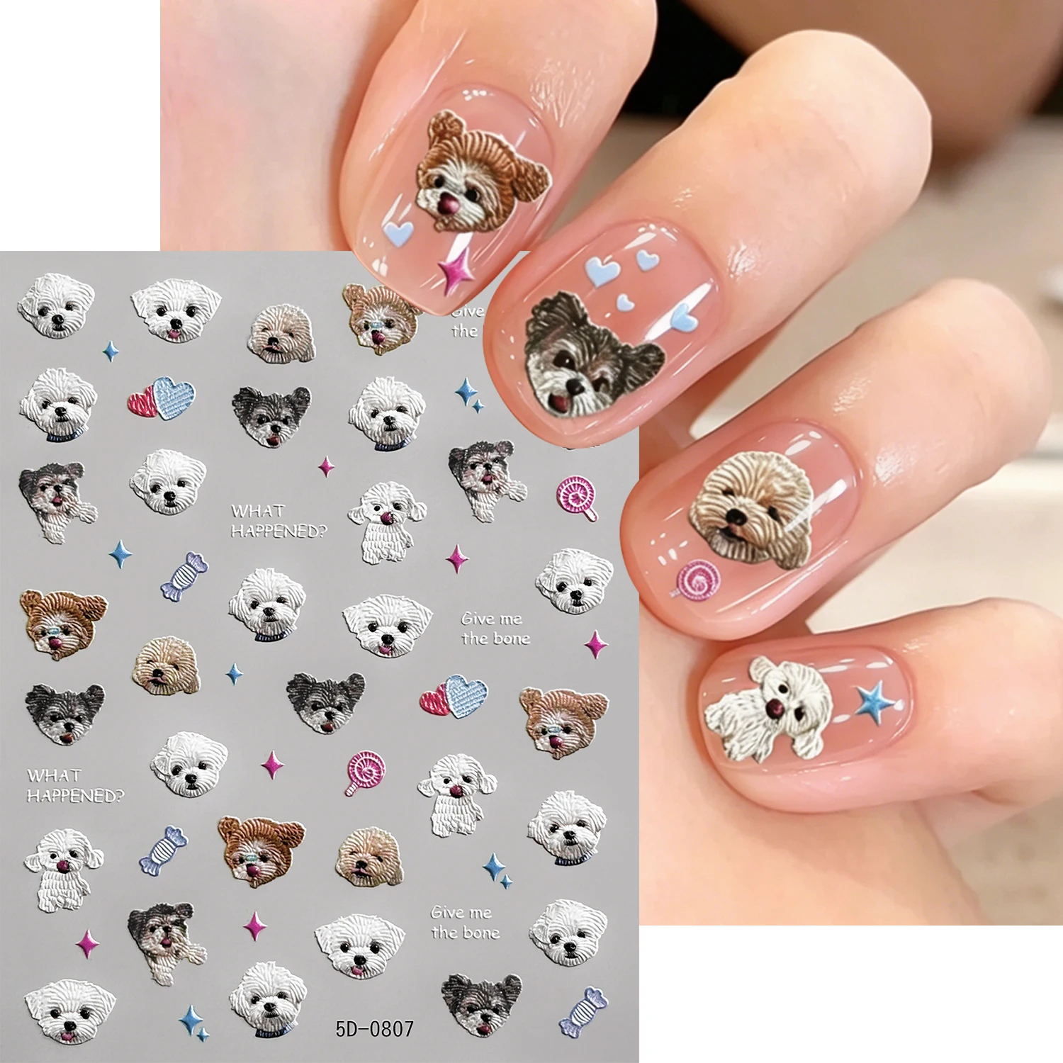 5D Kawaii Puppy Schnauzer Bichon Frise Nail Sticker Lollipop Heart Little Dog Self-adhesive Nail Decals Pet Lovers Manicure Deco 2