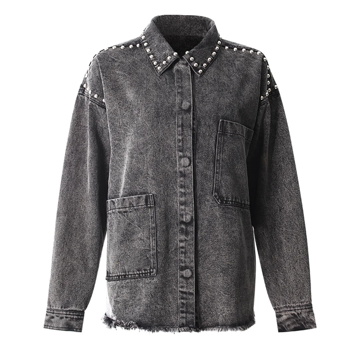 

Ladies' Long-Sleeved Denim Shirt Jacket Autumn Detail Style Polished Edge Rivet Decoration Lapel Coats for Women Black Gray