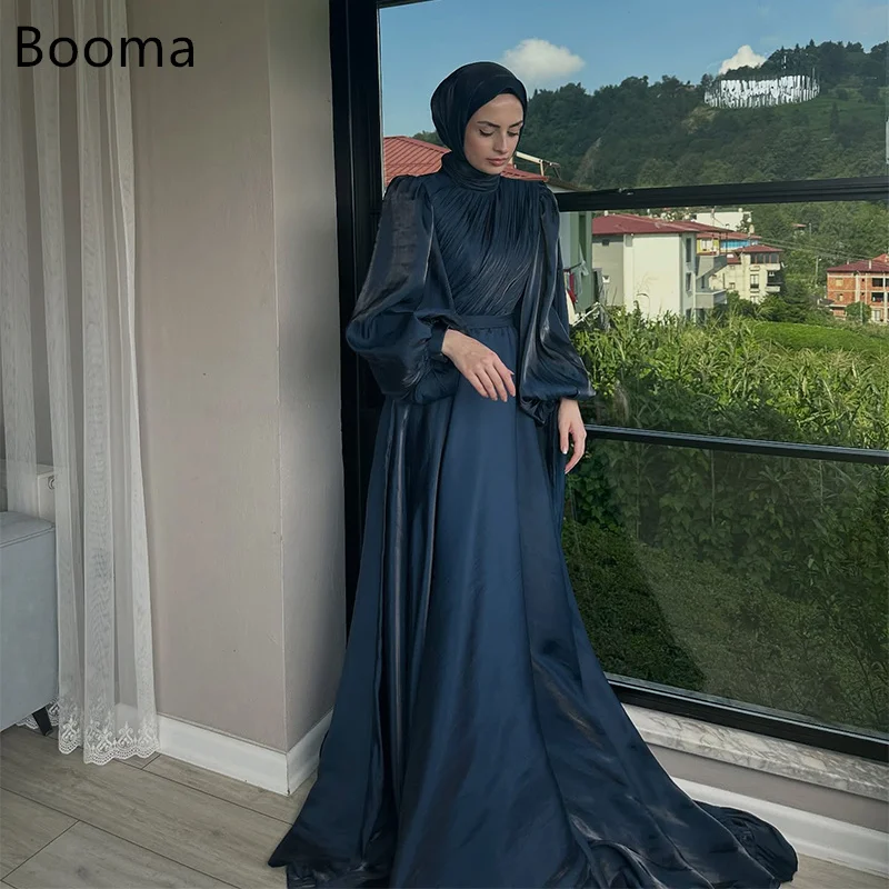 

Booma Elegant O-Neck Shiny Pleat Evening Dresses Formal Party Gowns for Women Prom Gown Long Sleeve Simple Customize 2025