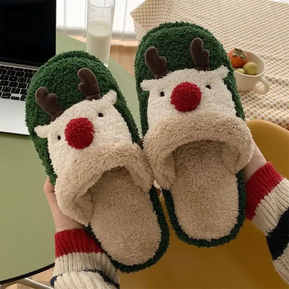 Kawaii Elk Christmas Slippers Anti Slip Durable Winter Indoor Slippers Warm Fluffy Home Slippers Women Girls