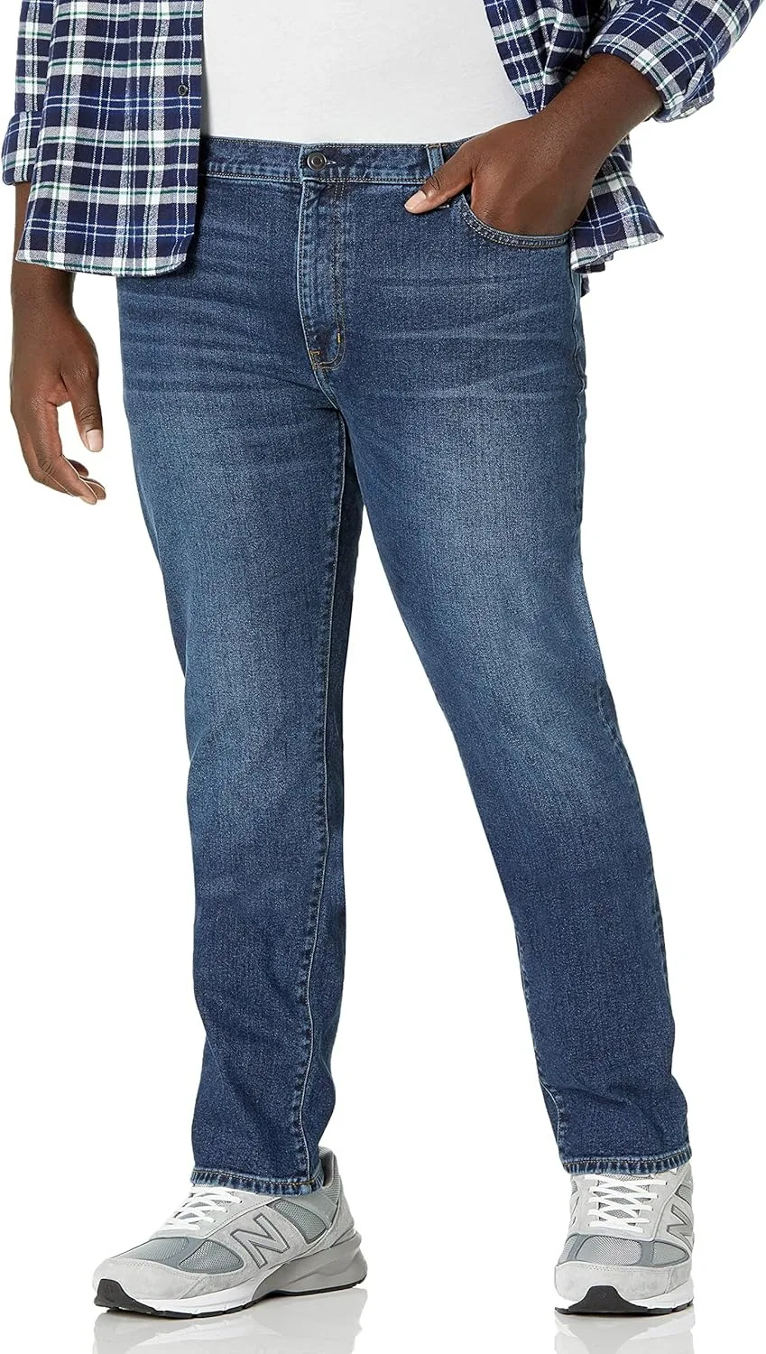 

Men's high-rise straight-leg jeans - premium stretch denim in a light blue wash, versatile and comfortable for both business and