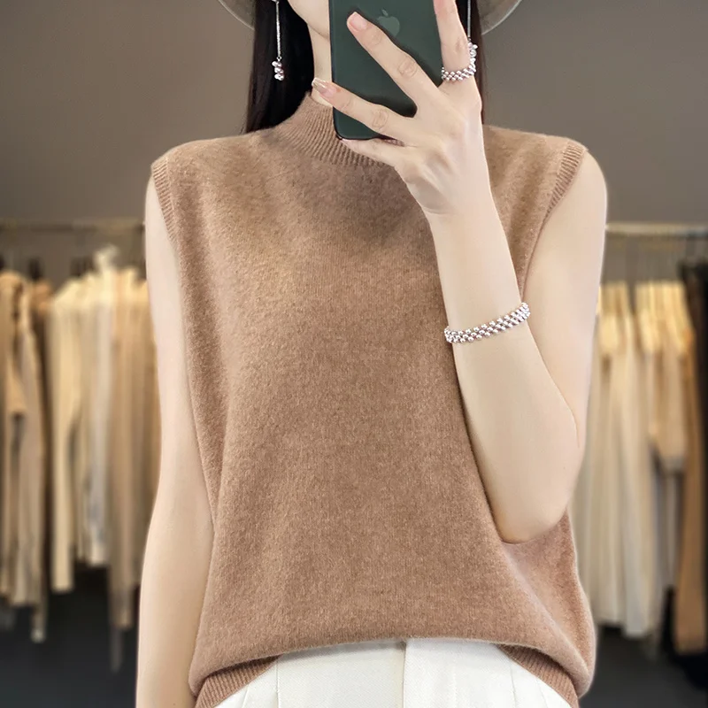 100% Wool Spring and Autumn Half-high Neck Pure Wool Knitted Vest Sleeveless Women's Skinny Wear Bottom Shirt