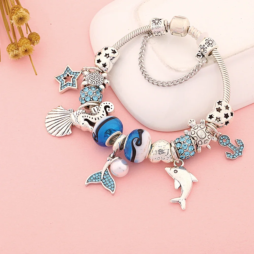 Dropshipping Trendy Mermaid Star Shell Dolphin Pendant Charm Bracelet Silver Color Heart Seahorse Turtle DIY Beaded Jewelry Gift