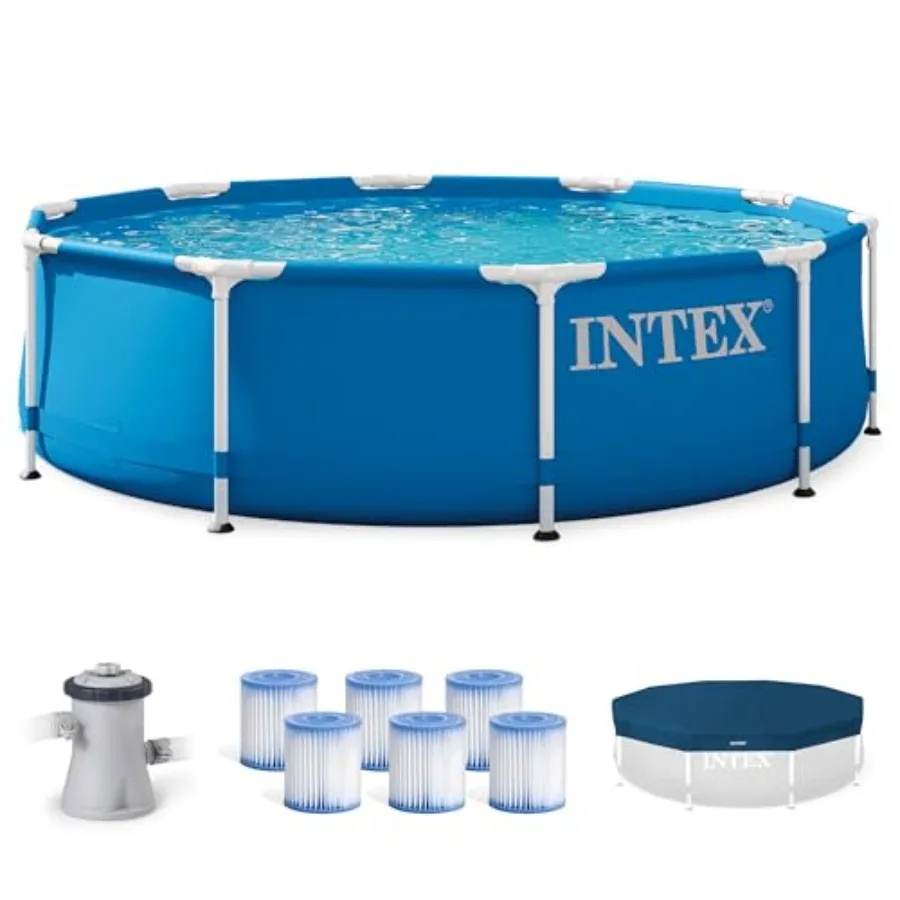 Outdoor swimming pool set for backyard use, metal frame construction, silver-gray color, includes 330 GPH filter pump, cover, a