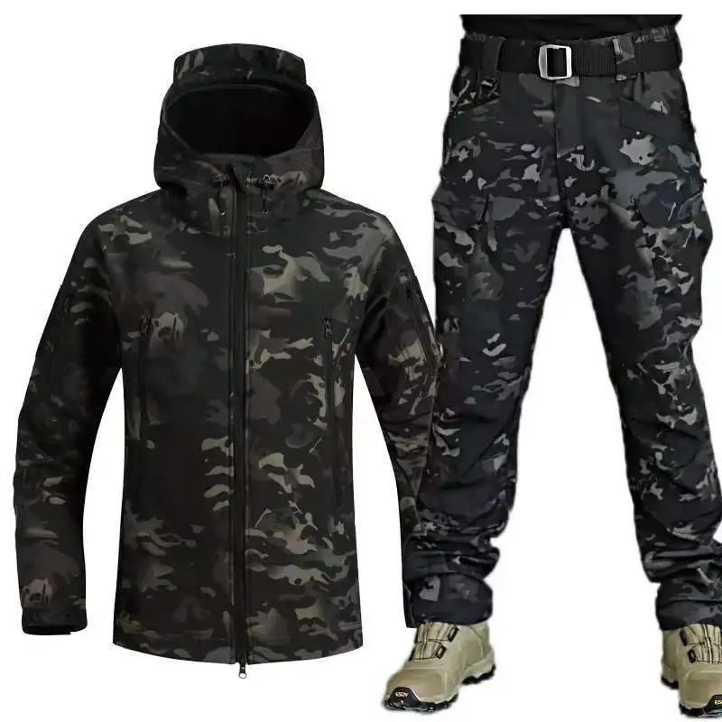 Herren Camo taktische Sets Sharks kin wasserdichte Kapuze Reiß verschluss Jacken Multi-Pocket Soft shell Outdoor-Hose Winter Fleece Cargo-Anzug