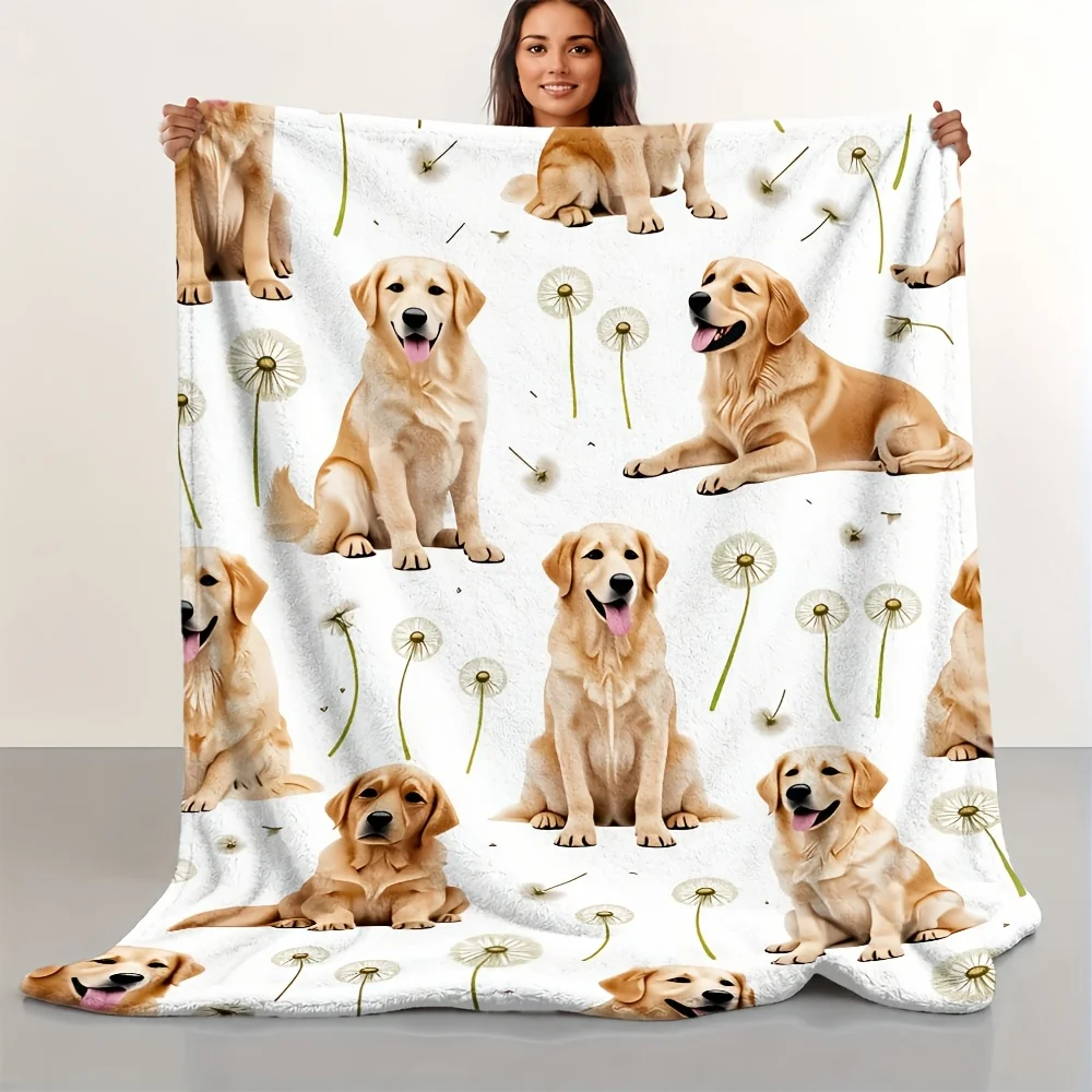 Soft Flannel Throw Blanket Golden Retriever Dandelion Print Warm Plush Cover for Bed Dog Lover Fresh Nature Art Pattern Bedroom