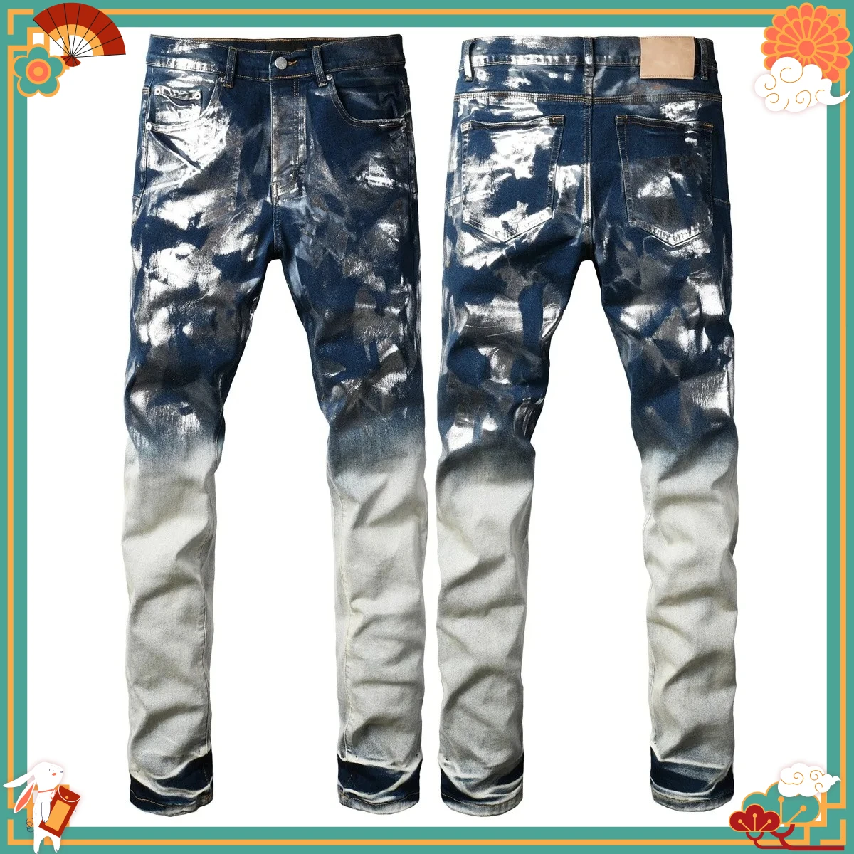 Men Jeans Fashion American High Street Distressed Retro wash Black Coated pattern Blank Stretch Skinny Button Ripped Jeans Pants