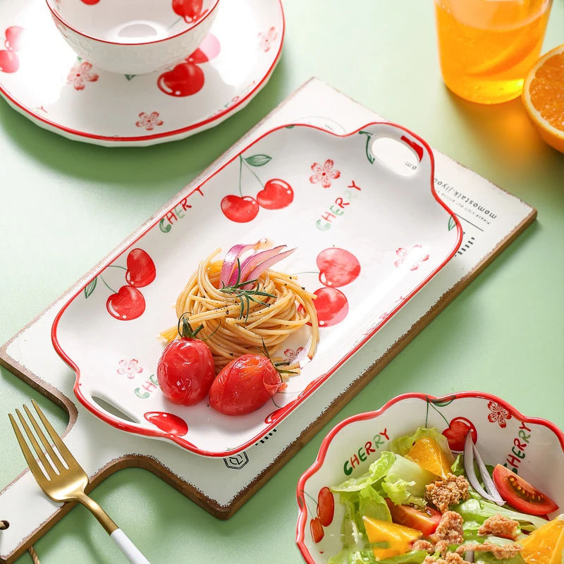 Cherry Series Red Floral Printed Ceramic Tableware Chic Underglaze Colored Dishes Cute Baby Japanese Style Bowl Plate Container