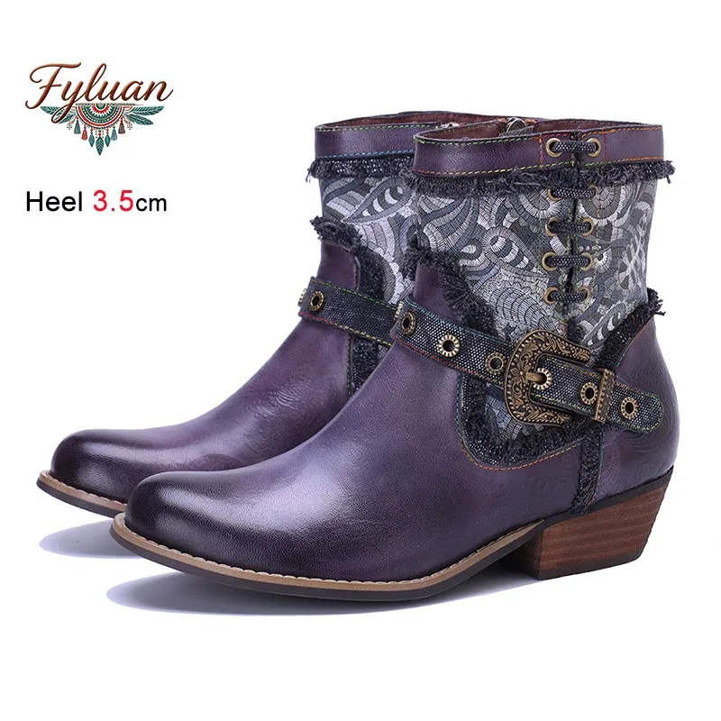 

Fashion 3.5CM Medium Heel Women's Short Boots Genuine Leather Hand Rubbed Color Coarse Heel Casual Shoes Side Zipper Ankle Boots