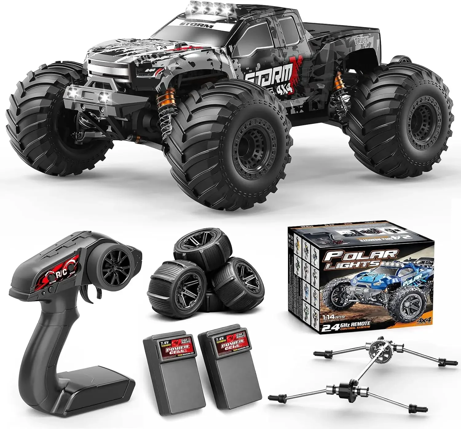 RC Cars 1:14 4WD Off-Road RC Monster Truck High Speed 40 km/h, 4x4 Remote Control Car with 2 Rechargeable 1300mAh Batteries