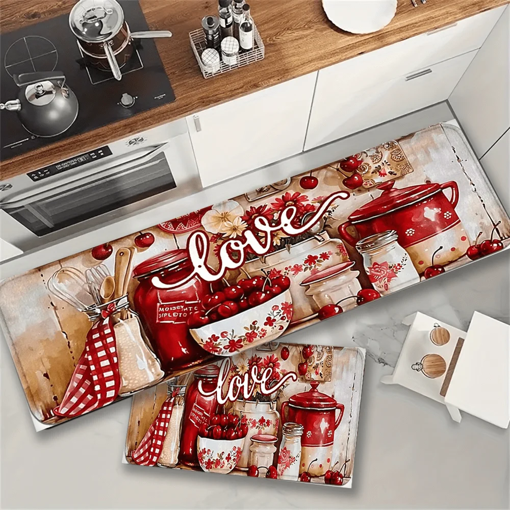 VIKAMA Farmhouse Christmas Kitchen Rug Set Non Slip Washable Retro Red Utensil Cherry Mat Holiday Decor for Christmas Indoor