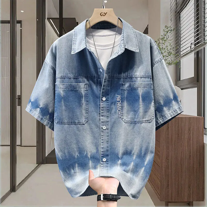 

Loose Casual Blue American Retro Embroidered Word Short Sleeve Men's Denim Shirt Summer Thin Cotton Polyester Blend Male Top