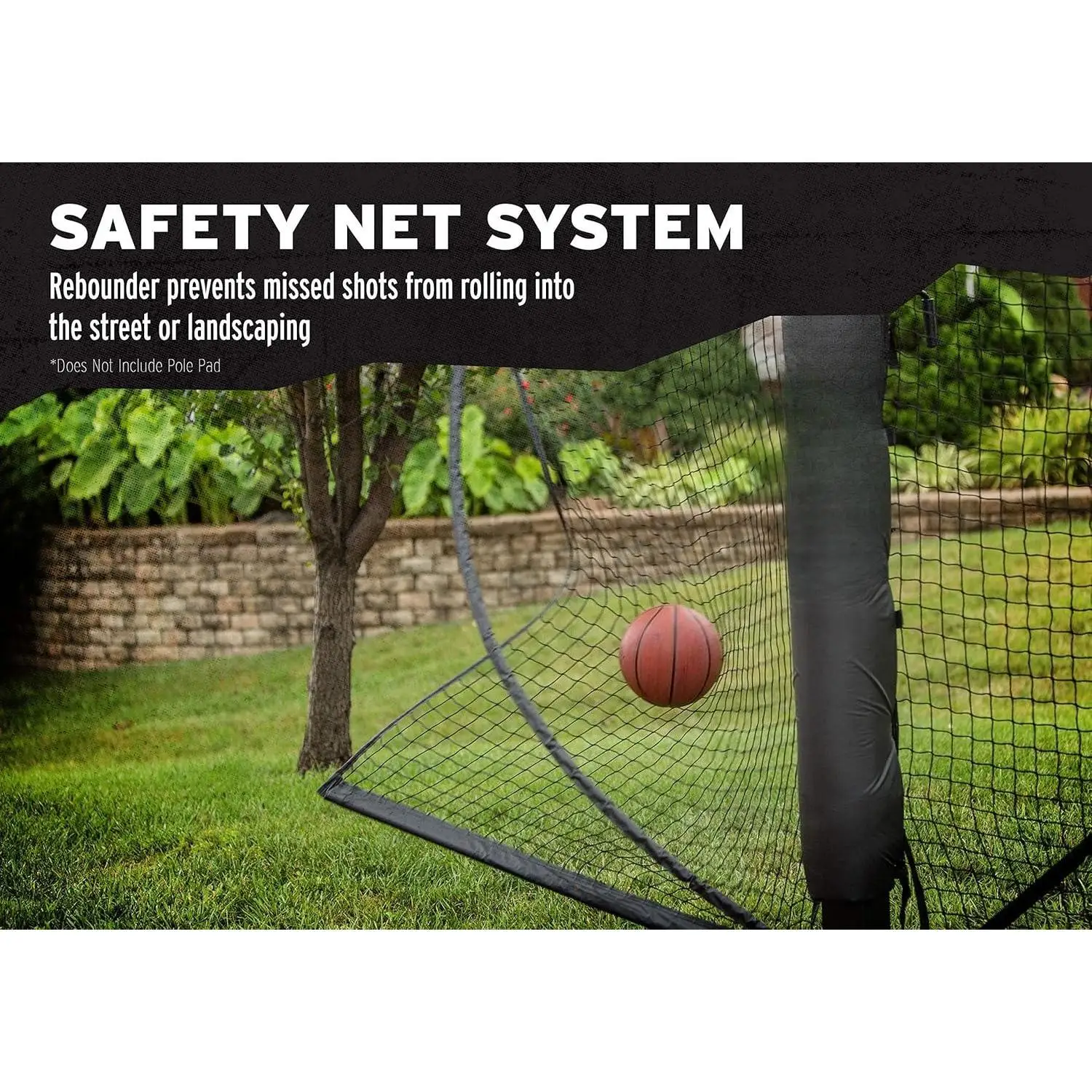 W-Basketball Yard Guard Defensive Net System Rebounder مع شبكة قابلة للطي وأذرع في القطب، أبيض/أسود