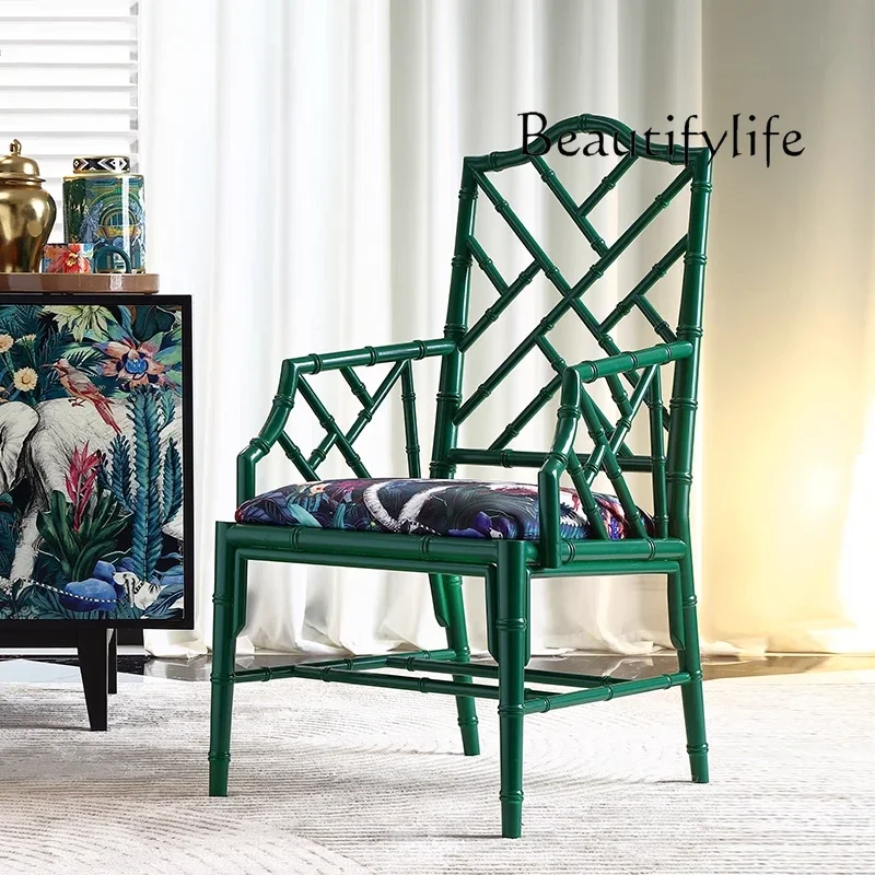 X35 Retro Solid Wood French Bamboo Study Classical Chair Tea House Hollow Medieval Dining Chair Green