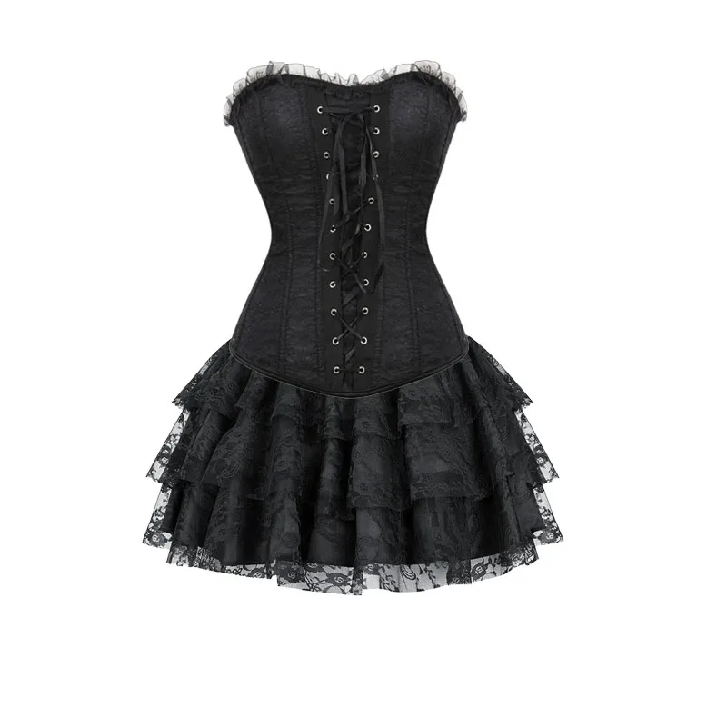 Black Corsets Dress for Women Plus Size Overbust Corset with Tutu Skirt Set Burlesque Corselet Victorian Retro Gowns Costumes