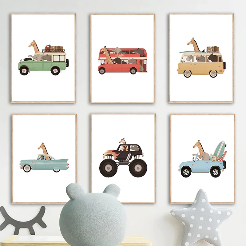 1pc  frameless Canvas Painting Funny Cartoon Animal Car Bus Art Nursery Wall Poster Print Giraffe Elephant Children Kid Room Can