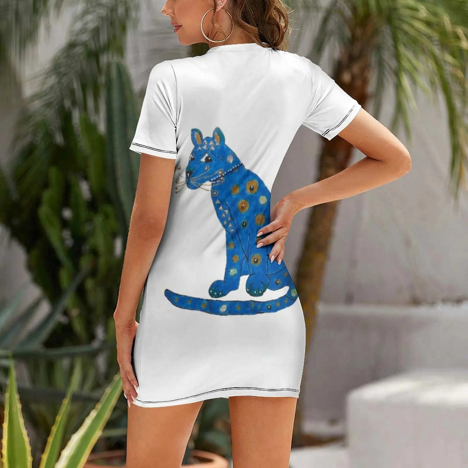 ชุดเดรสแขนสั้นลายแมวสีฟ้า ชุดเดรสผู้หญิง ชุดราตรี 2025 เสื้อผ้าผู้หญิง ฤดูร้อน 2025 สินค้าใหม่ เสื้อผ้าผู้หญิง ชุดเดรส
