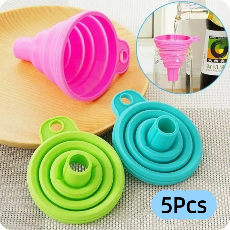 5 Pcs Collapsible Silicone Funnel Set Portable Telescopic Folding Funnels For Liquid Filling Kitchen Household Accessories