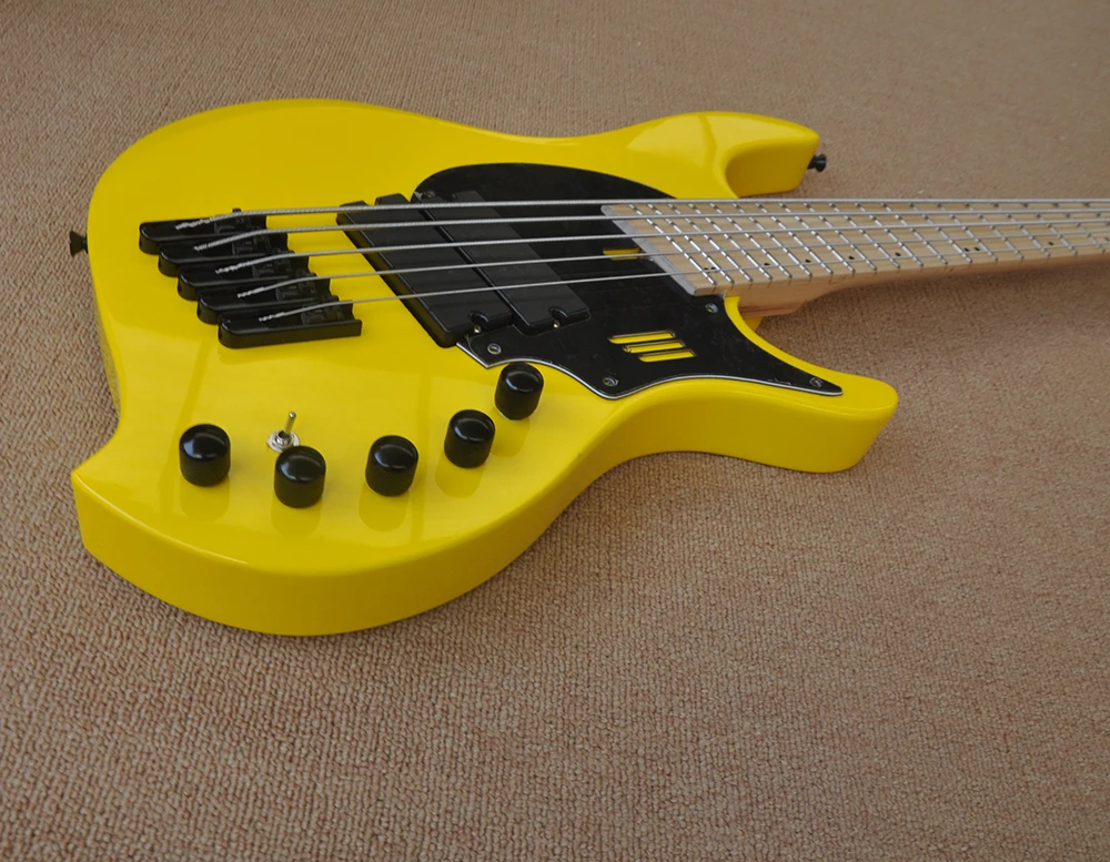 5 Strings Yellow Electric Bass with Slanted Frets,Active Circuit,Maple Fretboard,Customizable