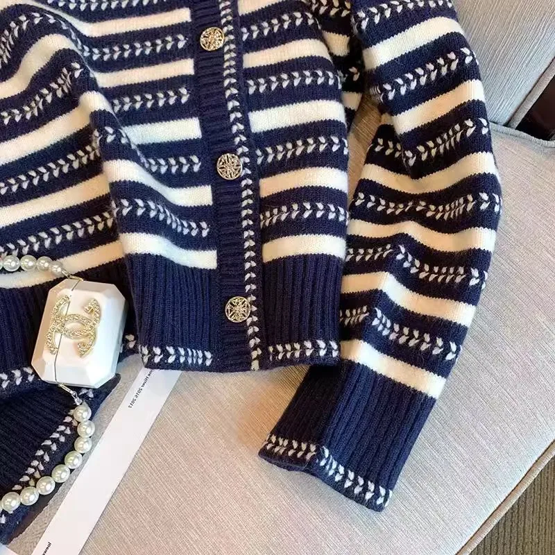 محبوك المرأة سترة البلوزات مخطط لاعبا واحدة الصدر طويلة الأكمام الياقة المستديرة فضفاضة تناسب عادية 2025 الخريف الشتاء