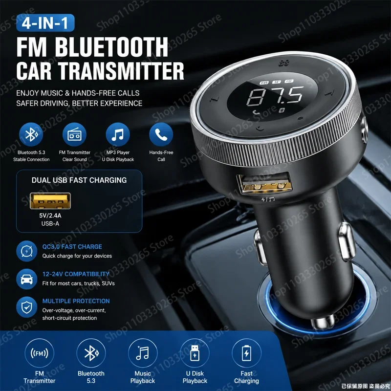 Bluetooth 5.3 FM Car Transmitter USB Fast Charger Hands Free Call U Disk MP3 Player Auto Radio Adapter