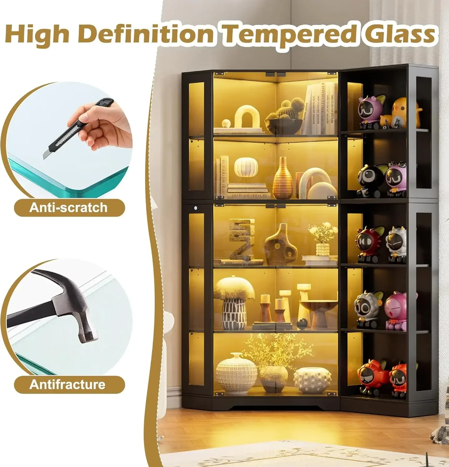 Corner Curio Cabinet Glass Doors Display Case LED Lights Collectibles Storage Shelves Living Room Black