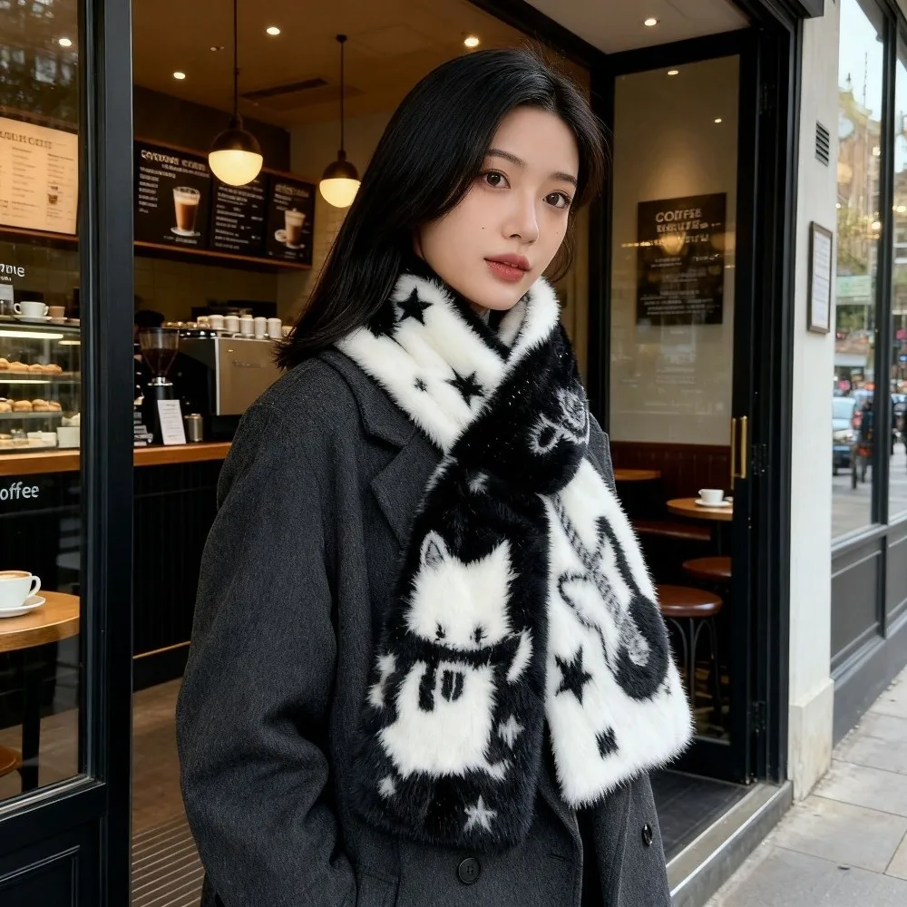 Cute Thick Guitar Cats Scarf Soft Imitation Mink Velvet Long Muffler Korean Style Skin Friendly Neck Wrap Evening Party