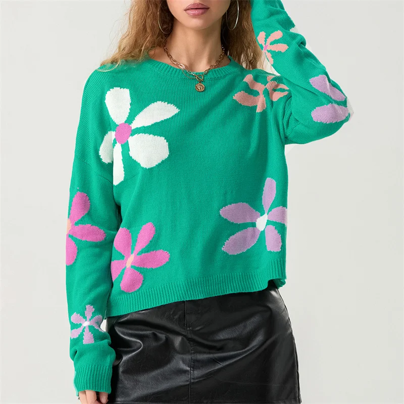 Fufucaillm Dames Truien Met Bloemenprint Lange Mouwen Ronde Hals Losse Casual Winter Warme Herfst Gebreide Pullovers Tops Truien 2024