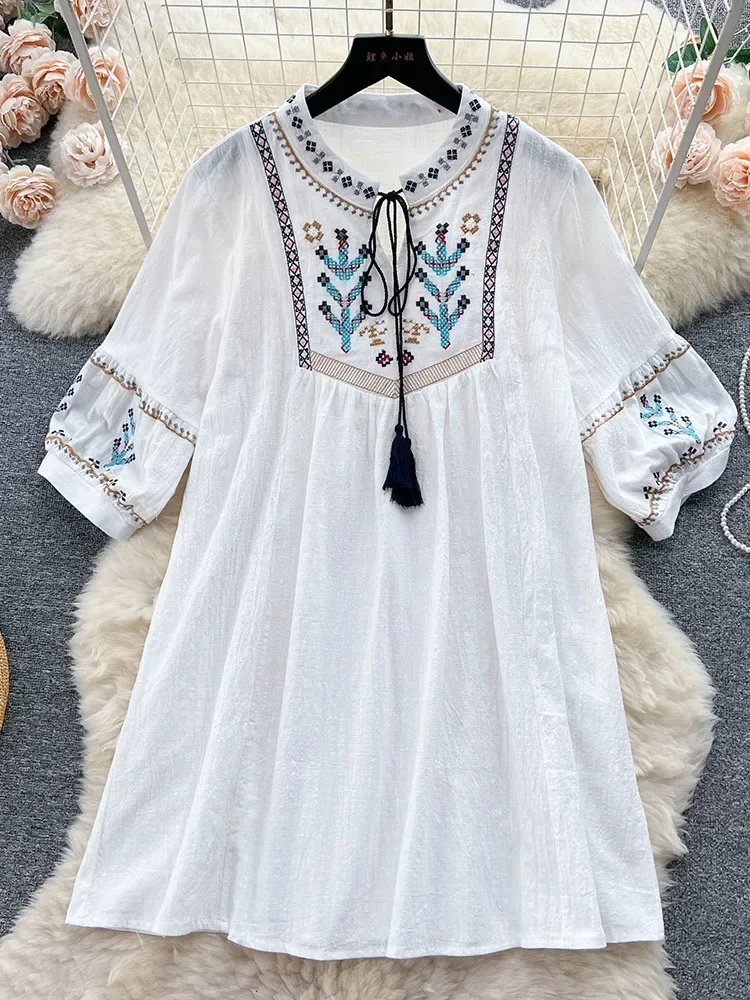 Women Summer Dress New Casual Embroidered Bubble Sleeves Ethnic Style Loose and Slim Foreigner Style Short Dress D4569