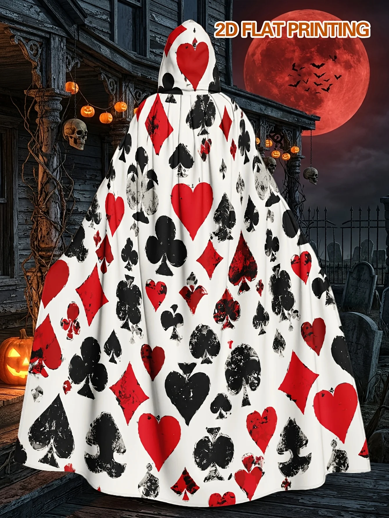 Customization 1pc Durable Polyester Witch Cape With Grunge Spades Hearts Playing Cards Print, Adult Hooded Cloak For Halloween S