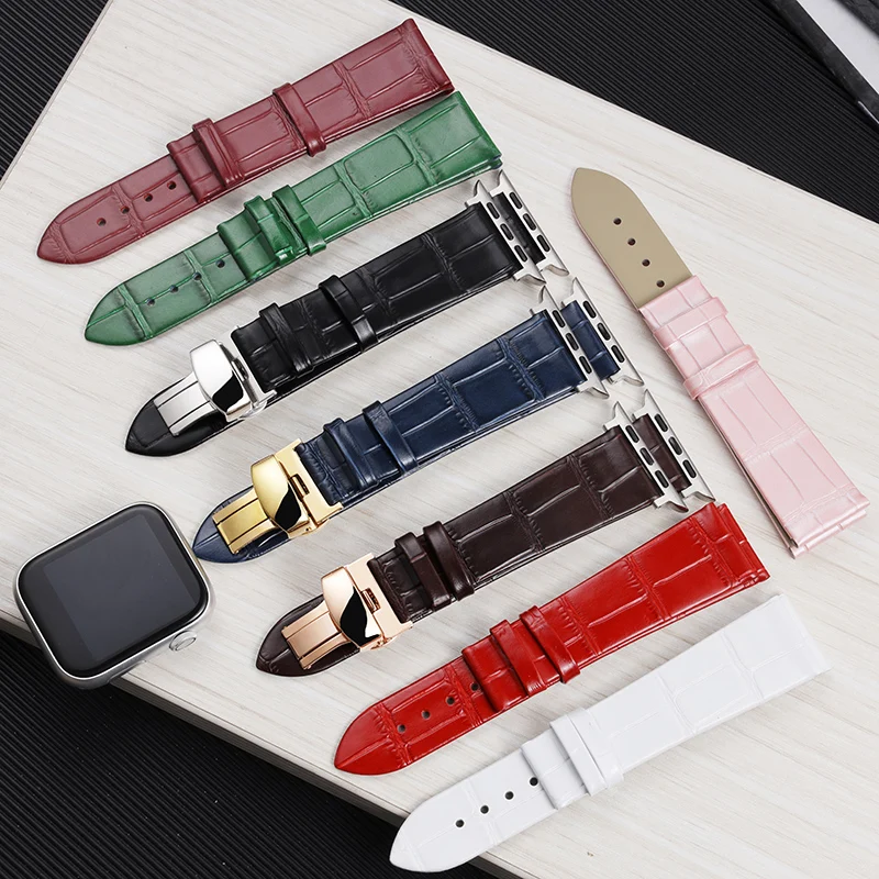 Men's Genuine Leather Watchband for apple iwatch s9 8 7 6 5 4 3 Ultra-Thin Soft Cowhide Bracelet Women Watch Strap 38/40/42/44mm