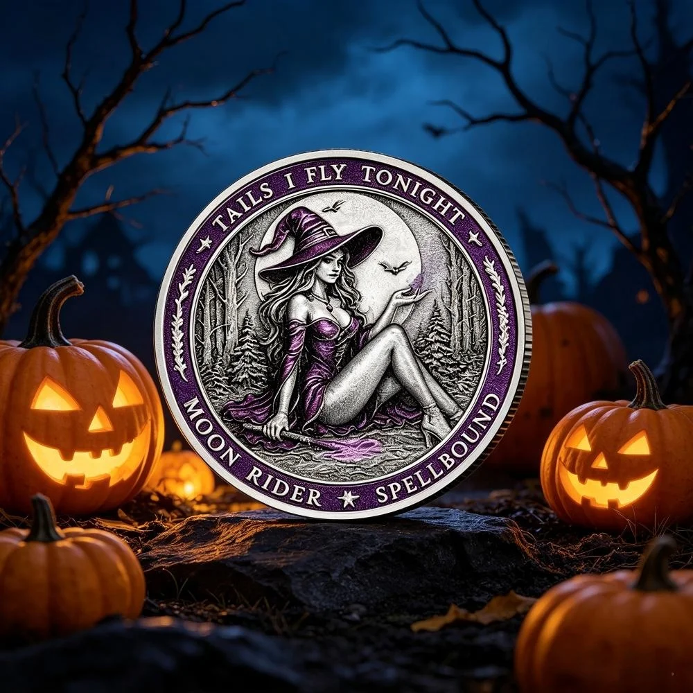 Moneda de la decisione de la Bruja de "Spellbound" con diseño de Luna Gótica y Arte de Fantasía, con Estuche Protector, Moneda Decorativa de Bruja de Fantasía