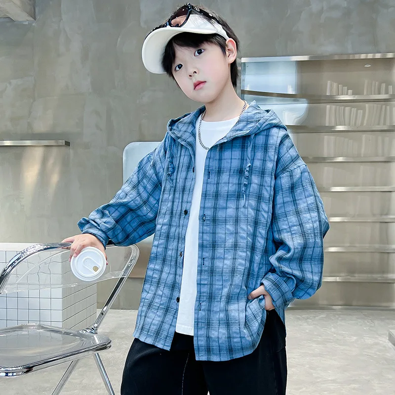 2026 Four Seasons Children's Personalized Handsome Checkered Design Hooded Sunscreen Thin Coat
