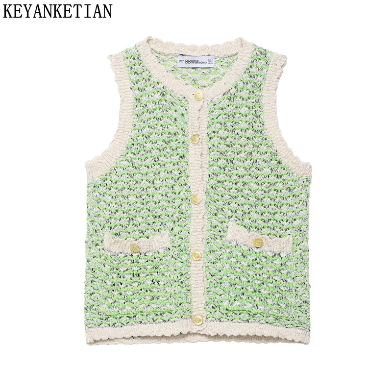 

KEYANKETIAN новые женские вязаные крючком кардиганы, жилет, праздничный ветровой однобортный свитер с круглым вырезом и карманами, короткими рукавами