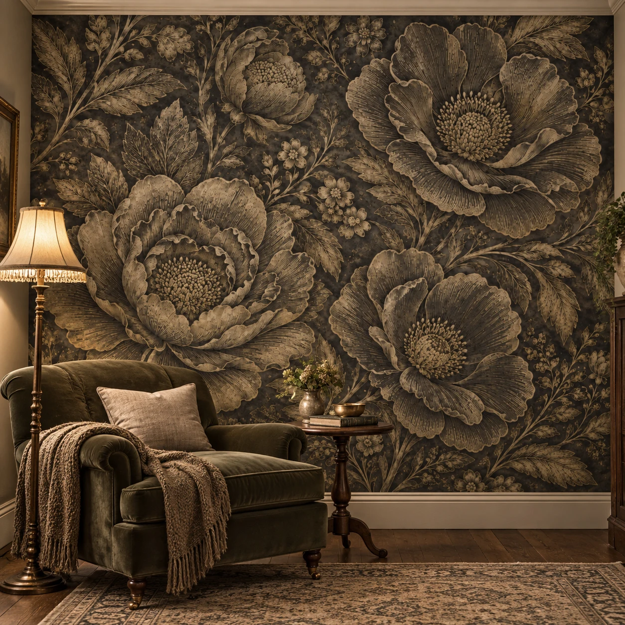 Vintage Black Gold Floral Wallpaper Mural Luxury Peony Botanical Wall Art for Living Room Bedroom Sofa Background Paste Required