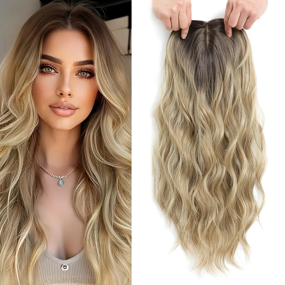 22-inch Hand-Woven Breathable Hair Net with Middle Part Clip, Lightweight Synthetic Wave Wig