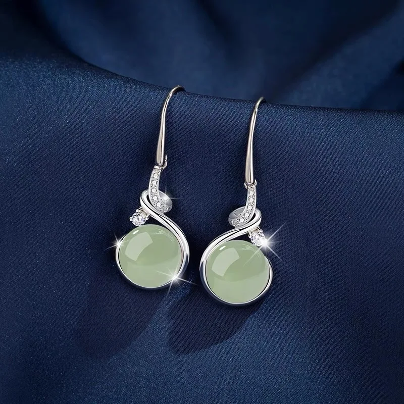 PANJBJ 925 Sterling Silber Jade Tropfen Ohrring für Frauen Zirkon Runde Klassische Gnade Ethnischen Schmuck Jahrestag Geschenk Dropshipping – Detail 10