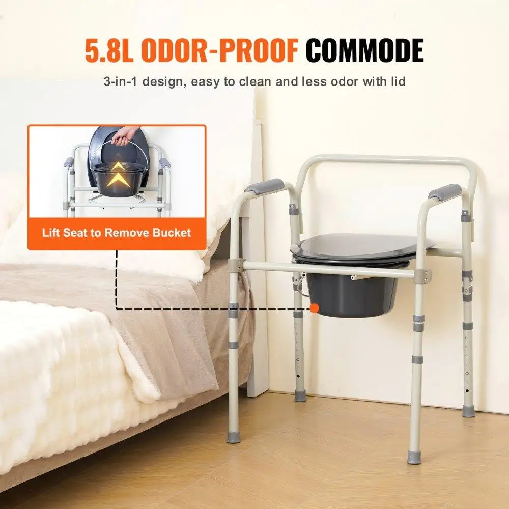 Sedia da comodino, comodino con sedile del water più ampio, altezza regolabile a 7 livelli, secchio rimovibile da 5,8 litri, facile da montare, 350