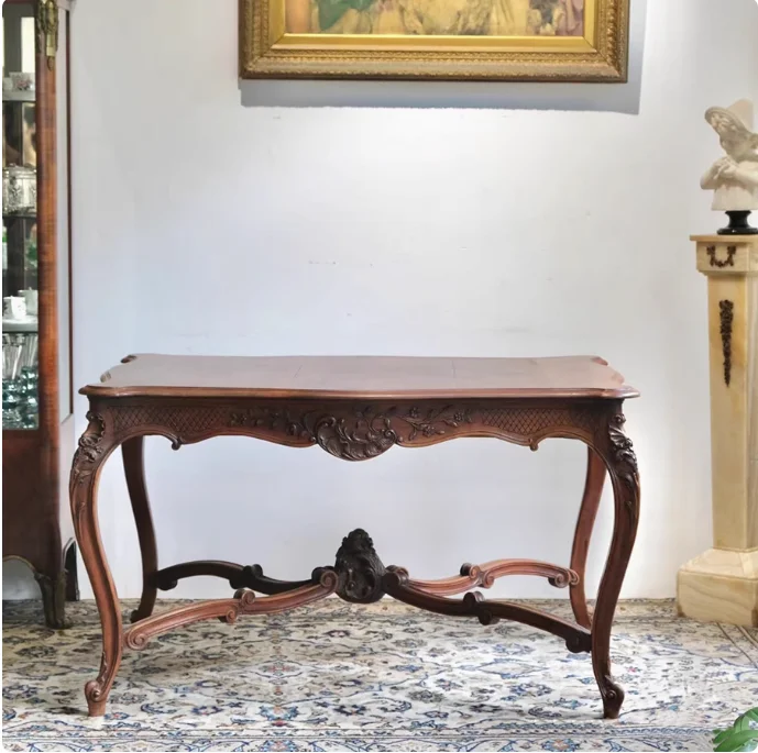 

European retro solid wood carving old log long dining table French style