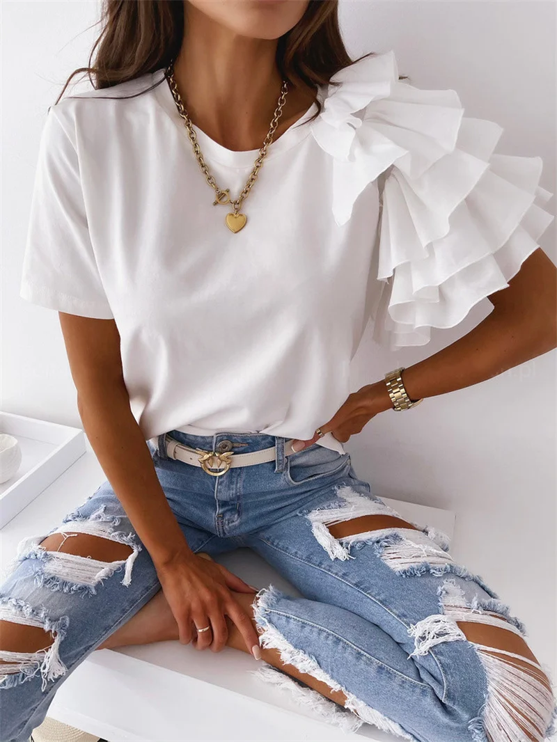 

Women Summer Loose T Shirt Ruffled Short Sleeve Elegant Solid O Neck Top Casual Streetwear Blouse Chic All Match Tee