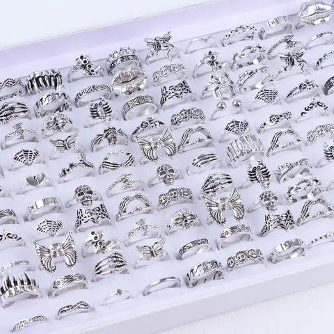 10/20/30/50 ชิ้น/ล็อต Punk ชุดแหวนนิ้วมือสําหรับผู้ชายผู้หญิงผสมสไตล์ดอกไม้ Tai Ji หัวใจรักงูเครื่องประดับของขวัญ