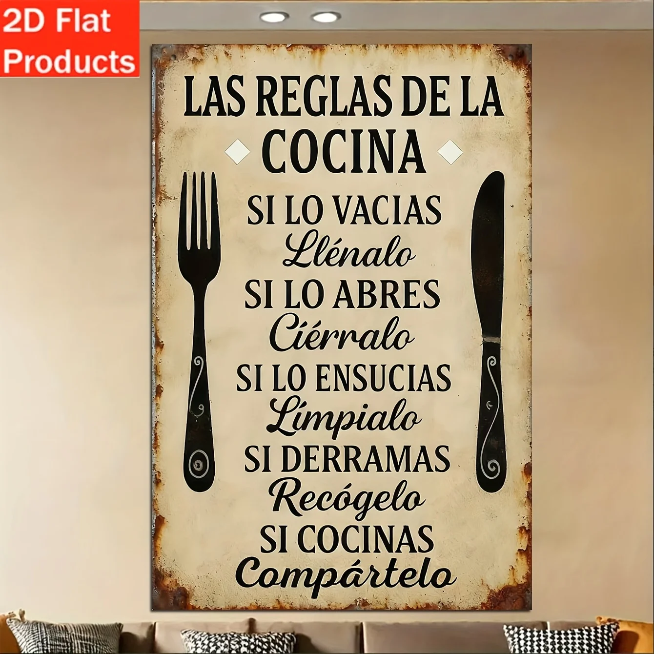 2D Flat, Decorative Sign And Plague, 1pc Wooden Vintage Spanish Kitchen Rules Wall Art Sign, with Humorous Cooking Instructions