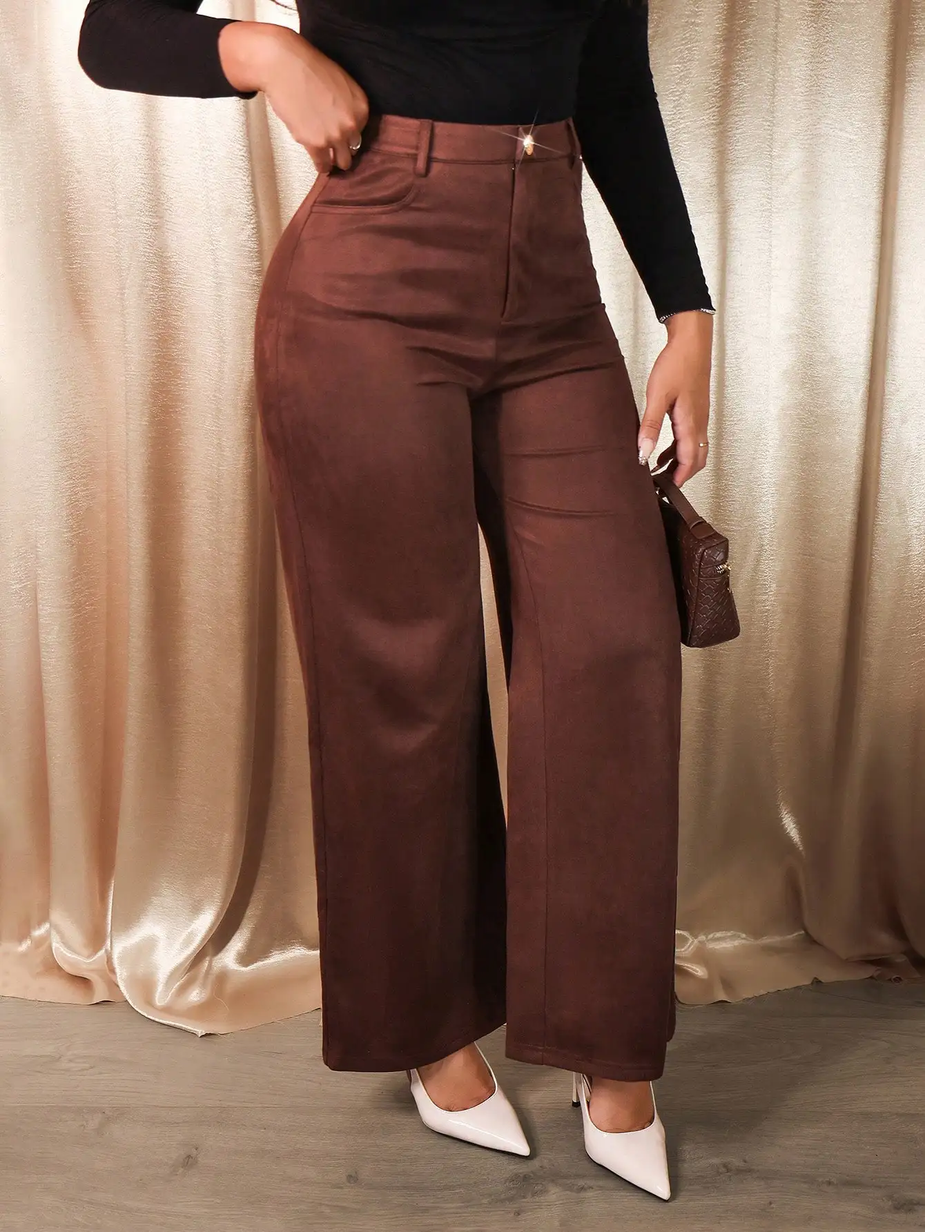

High-Waisted Wide Leg Brown Suede-Look Pants for Office & Evening Wear