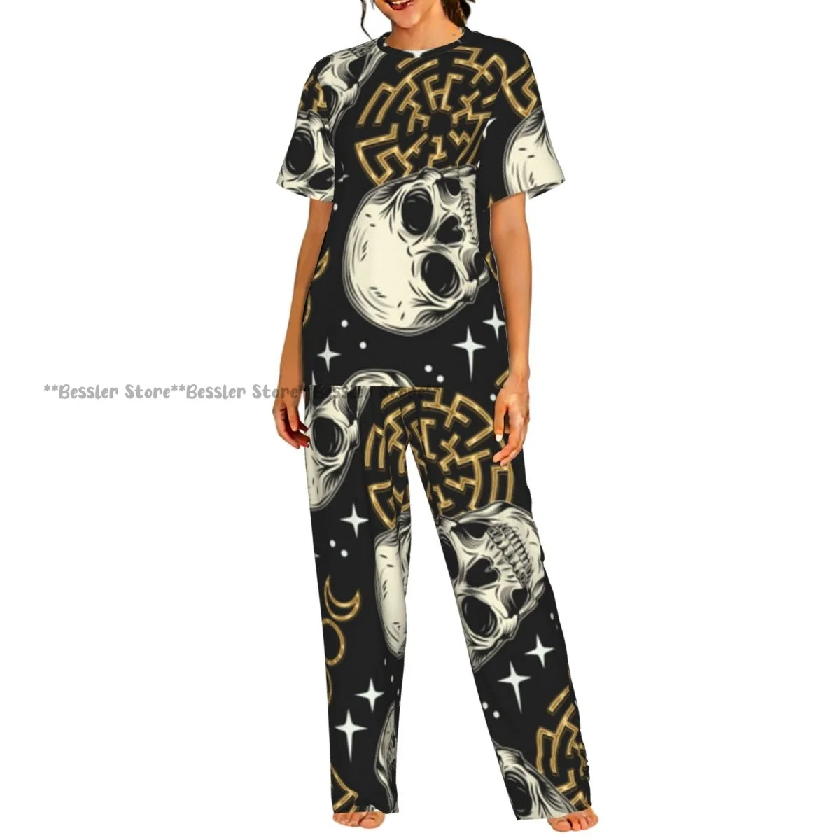 

Women's 2-piece set Vintage Skull Labyrinth Stars Pajamas Short sleeved Top and Pants Sleepwear