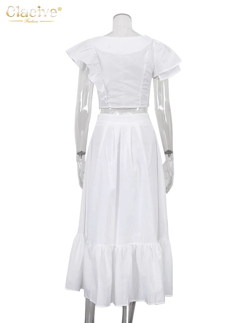 Clacive Summer White Linen 2 Piece Sets Women Outfit 2024 Fashion Short Sleeve Ruffle Crop Top With High Waist Long Skirts Set