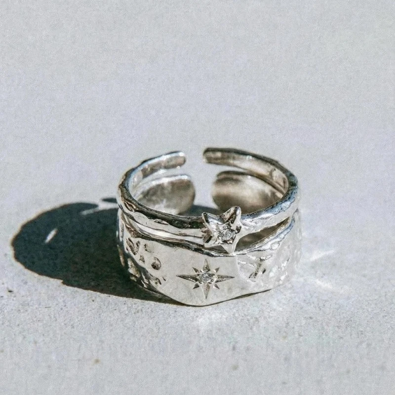 Vintage Hammer Patterned Double-layer Open Ring Polished Silver Cubic Zirconia Irregular Surface Adjustable Stackable Ring Women