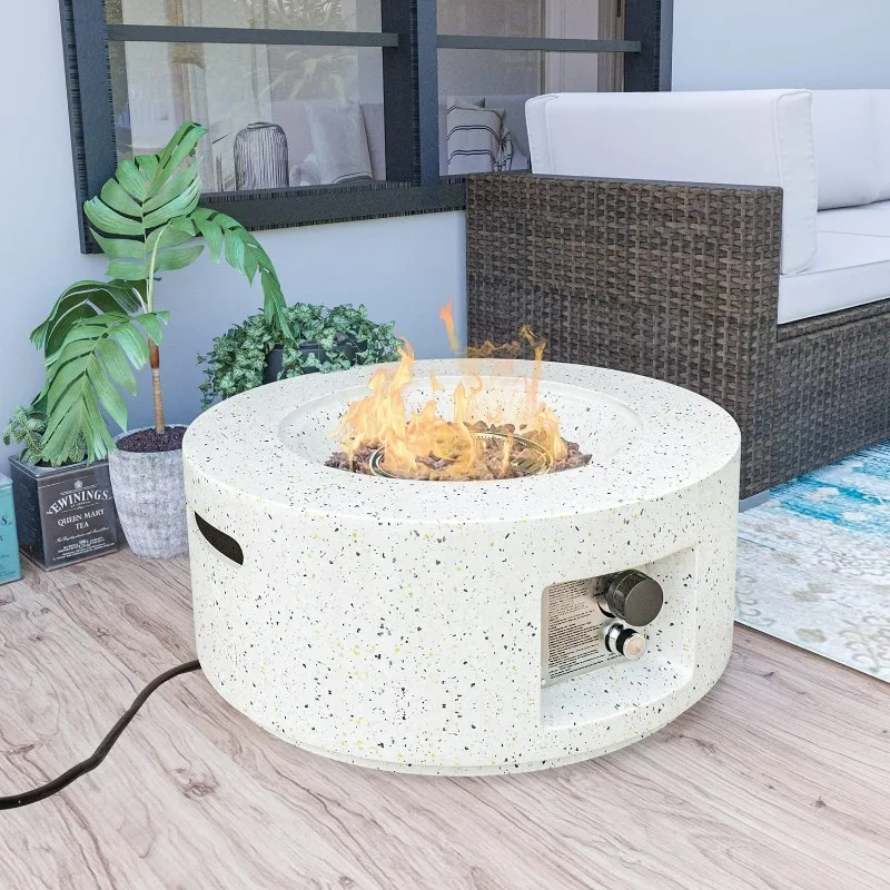 Outdoor Propane Fire Pit, 40,000 BTU 28-inch Round White Terrazzo Concrete Fire Table Gas FirePit, W Lava Rocks Fire Table