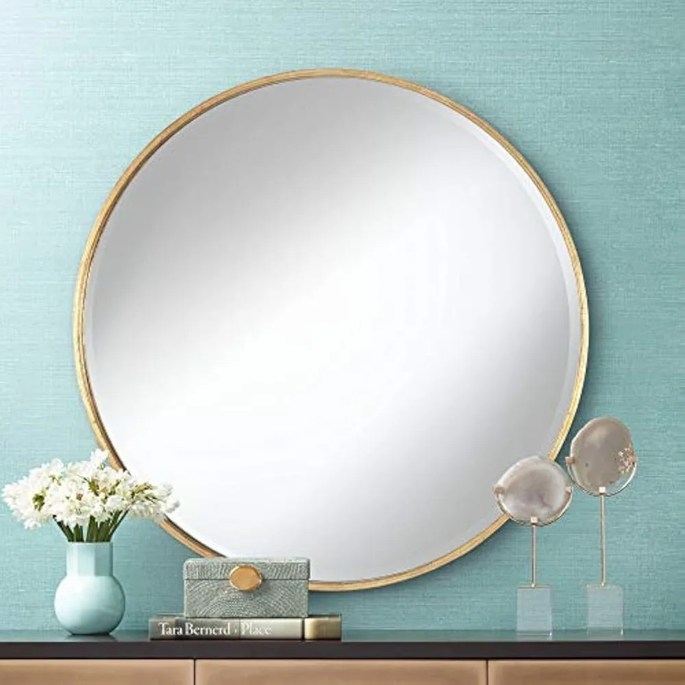 Mayfair Round Vanity Decorative Wall Mirror Vintage Rustic Antique Gold Metal Frame Beveled Glass Edge 34